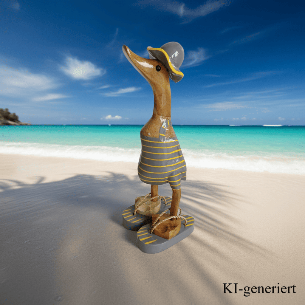 Bambusente im grauen Badeanzug mit gelben Streifen, Sonnenhut und Flip Flops - Höhe ca. 25 cm. 
Wunderschöne Deko aus Bambuswurzel. Jedes Teil handgefertigt und ein Unikat. Ein Hingucker für Drinnen und Draußen
Zudem stehen die Enten aus Bambus für Familie, Treue & Liebe und Holz für Wachstum. So macht es sie dadurch auch zu einem bedeutungsvollen Geschenk für einen lieben Menschen.