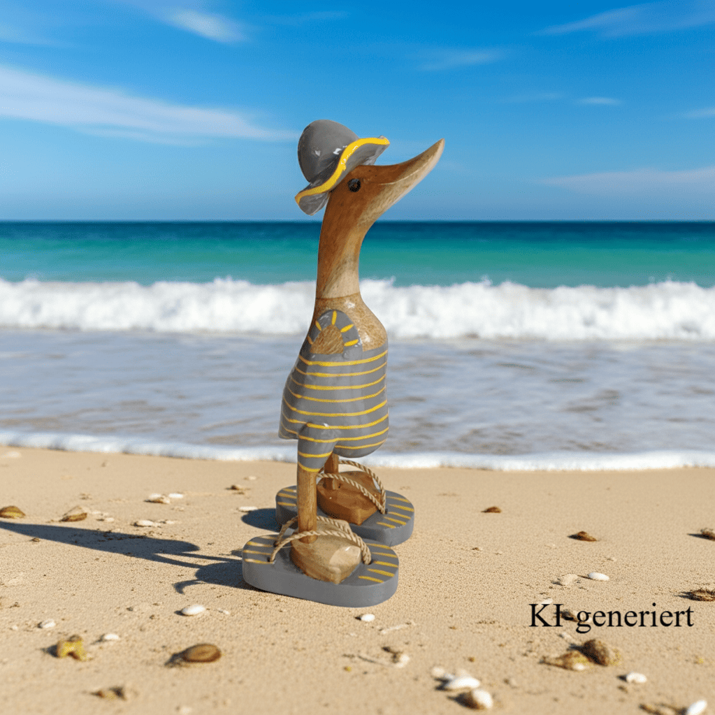 Bambusente im grauen Badeanzug mit gelben Streifen, Sonnenhut und Flip Flops - Höhe ca. 25 cm. 
Wunderschöne Deko aus Bambuswurzel. Jedes Teil handgefertigt und ein Unikat. Ein Hingucker für Drinnen und Draußen
Zudem stehen die Enten aus Bambus für Familie, Treue & Liebe und Holz für Wachstum. So macht es sie dadurch auch zu einem bedeutungsvollen Geschenk für einen lieben Menschen.
