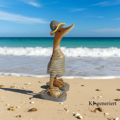 Bambusente im grauen Badeanzug mit gelben Streifen, Sonnenhut und Flip Flops - Höhe ca. 25 cm. 
Wunderschöne Deko aus Bambuswurzel. Jedes Teil handgefertigt und ein Unikat. Ein Hingucker für Drinnen und Draußen
Zudem stehen die Enten aus Bambus für Familie, Treue & Liebe und Holz für Wachstum. So macht es sie dadurch auch zu einem bedeutungsvollen Geschenk für einen lieben Menschen.