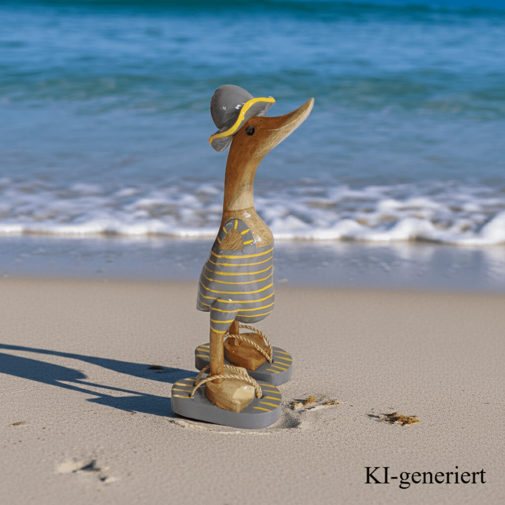 Bambusente im grauen Badeanzug mit gelben Streifen, Sonnenhut und Flip Flops - Höhe ca. 25 cm. 
Wunderschöne Deko aus Bambuswurzel. Jedes Teil handgefertigt und ein Unikat. Ein Hingucker für Drinnen und Draußen
Zudem stehen die Enten aus Bambus für Familie, Treue & Liebe und Holz für Wachstum. So macht es sie dadurch auch zu einem bedeutungsvollen Geschenk für einen lieben Menschen.
