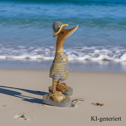 Bambusente im grauen Badeanzug mit gelben Streifen, Sonnenhut und Flip Flops - Höhe ca. 25 cm. 
Wunderschöne Deko aus Bambuswurzel. Jedes Teil handgefertigt und ein Unikat. Ein Hingucker für Drinnen und Draußen
Zudem stehen die Enten aus Bambus für Familie, Treue & Liebe und Holz für Wachstum. So macht es sie dadurch auch zu einem bedeutungsvollen Geschenk für einen lieben Menschen.