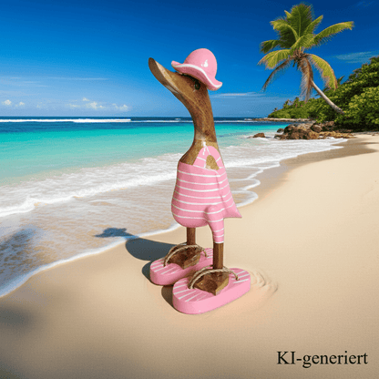 Bambusente als Strandente im rosa Badeanzug mit weißen Streifen, Sonnenhut und Flip Flops - Höhe ca. 25 cm.
Wunderschöne Deko aus Bambuswurzel. Jedes Teil handgefertigt und ein Unikat. Ein Hingucker für Drinnen und Draußen. 
Zudem stehen die Enten aus Bambus für Familie, Treue & Liebe und Holz für Wachstum. So macht es sie dadurch auch zu einem bedeutungsvollen Geschenk für einen lieben Menschen.
