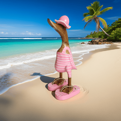 Strandente aus Bambus im rosa Badeanzug mit weißen Streifen, Sonnenhut und Flip Flops - Höhe ca. 25 cm. Wunderschöne Deko aus Bambuswurzel. Jedes Teil handgefertigt und ein Unikat. Ein Hingucker für Drinnen und Draußen