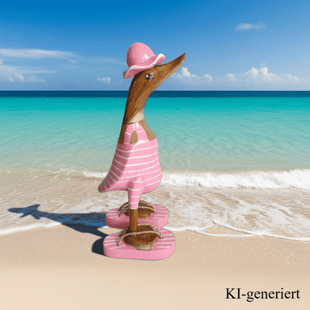 Bambusente als Strandente im rosa Badeanzug mit weißen Streifen, Sonnenhut und Flip Flops - Höhe ca. 25 cm.
Wunderschöne Deko aus Bambuswurzel. Jedes Teil handgefertigt und ein Unikat. Ein Hingucker für Drinnen und Draußen. 
Zudem stehen die Enten aus Bambus für Familie, Treue & Liebe und Holz für Wachstum. So macht es sie dadurch auch zu einem bedeutungsvollen Geschenk für einen lieben Menschen.