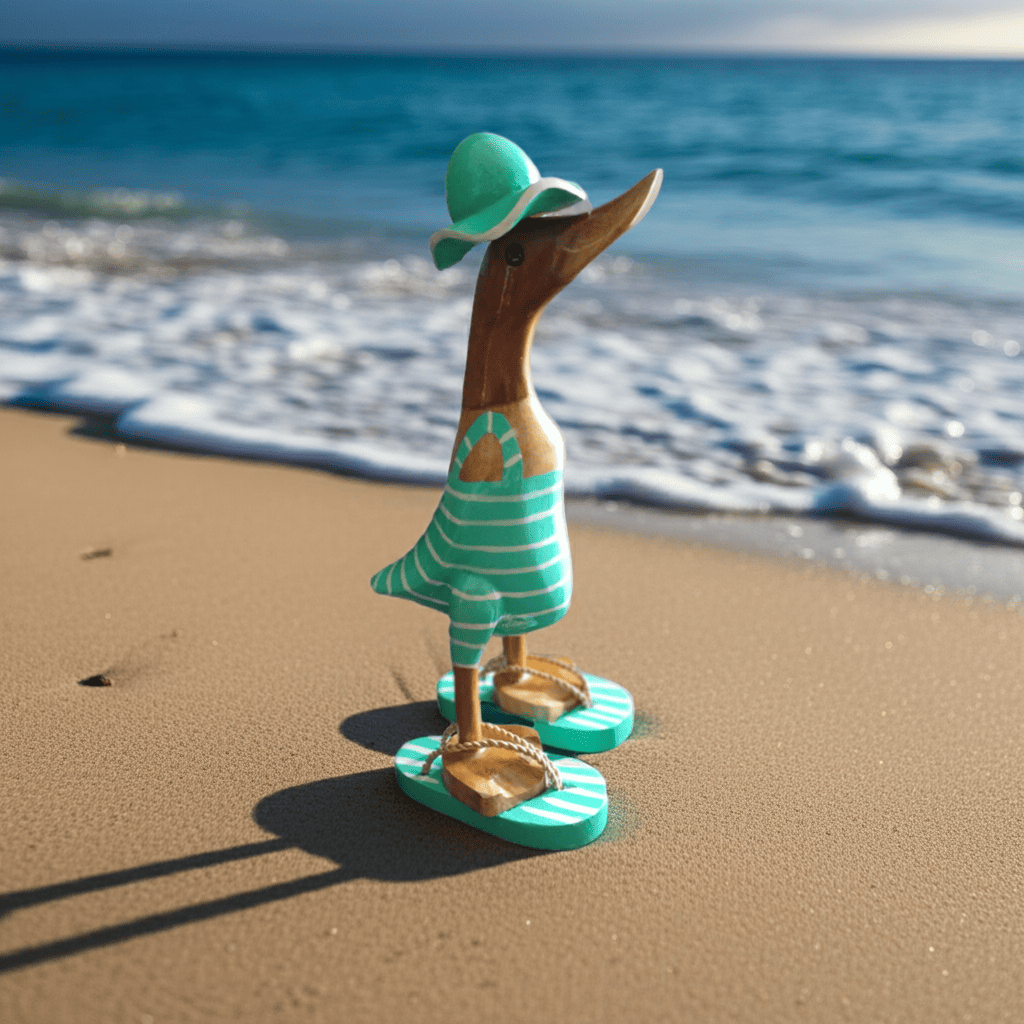 Strandente aus Bambus im türkisen Badeanzug mit weißen Streifen, Sonnenhut und Flip Flops - Höhe ca. 25 cm. Wunderschöne Deko aus Bambuswurzel. Jedes Teil handgefertigt und ein Unikat. Ein Hingucker für Drinnen und Draußen