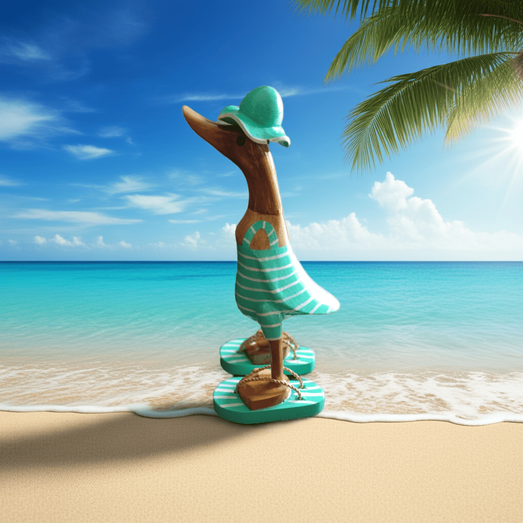 Strandente aus Bambus im türkisen Badeanzug mit weißen Streifen, Sonnenhut und Flip Flops - Höhe ca. 25 cm. Wunderschöne Deko aus Bambuswurzel. Jedes Teil handgefertigt und ein Unikat. Ein Hingucker für Drinnen und Draußen