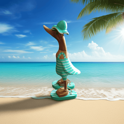 Strandente aus Bambus im türkisen Badeanzug mit weißen Streifen, Sonnenhut und Flip Flops - Höhe ca. 25 cm. Wunderschöne Deko aus Bambuswurzel. Jedes Teil handgefertigt und ein Unikat. Ein Hingucker für Drinnen und Draußen