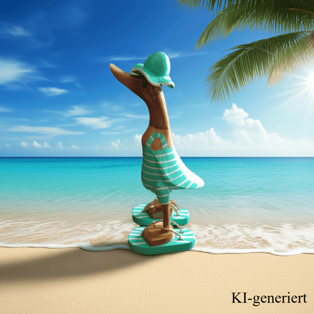 Bambusente als Strandente im türkisen Badeanzug mit weißen Streifen, Sonnenhut und Flip Flops - Höhe ca. 25 cm.
Wunderschöne Deko aus Bambuswurzel. Jedes Teil handgefertigt und ein Unikat. Ein Hingucker für Drinnen und Draußen.
Zudem stehen die Enten aus Bambus für Familie, Treue & Liebe und Holz für Wachstum. So macht es sie dadurch auch zu einem bedeutungsvollen Geschenk für einen lieben Menschen.