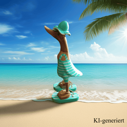 Bambusente als Strandente im türkisen Badeanzug mit weißen Streifen, Sonnenhut und Flip Flops - Höhe ca. 25 cm.
Wunderschöne Deko aus Bambuswurzel. Jedes Teil handgefertigt und ein Unikat. Ein Hingucker für Drinnen und Draußen.
Zudem stehen die Enten aus Bambus für Familie, Treue & Liebe und Holz für Wachstum. So macht es sie dadurch auch zu einem bedeutungsvollen Geschenk für einen lieben Menschen.