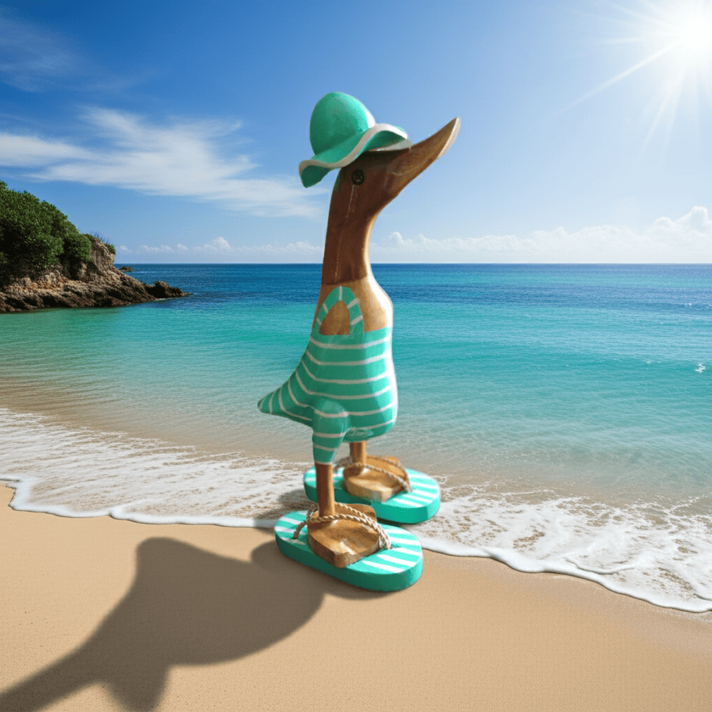 Strandente aus Bambus im türkisen Badeanzug mit weißen Streifen, Sonnenhut und Flip Flops - Höhe ca. 25 cm. Wunderschöne Deko aus Bambuswurzel. Jedes Teil handgefertigt und ein Unikat. Ein Hingucker für Drinnen und Draußen