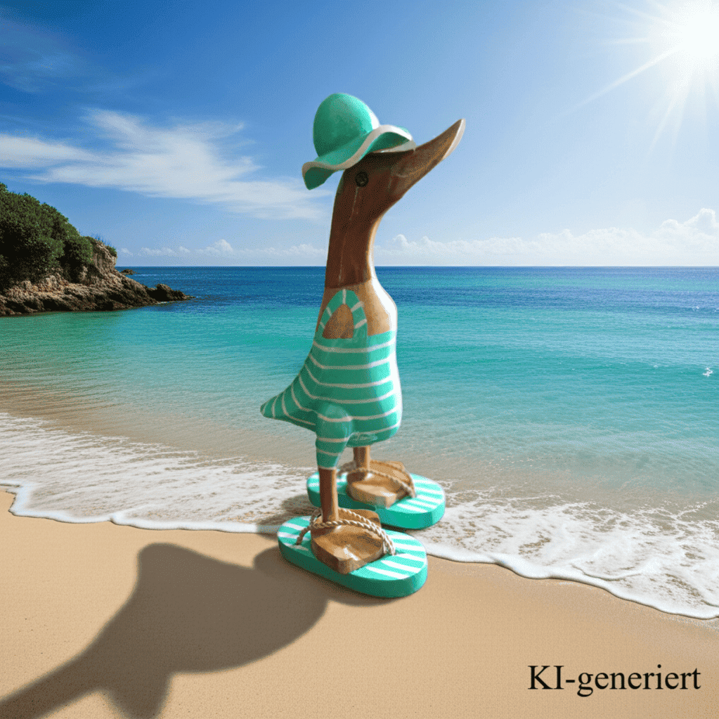 Bambusente als Strandente im türkisen Badeanzug mit weißen Streifen, Sonnenhut und Flip Flops - Höhe ca. 25 cm.
Wunderschöne Deko aus Bambuswurzel. Jedes Teil handgefertigt und ein Unikat. Ein Hingucker für Drinnen und Draußen.
Zudem stehen die Enten aus Bambus für Familie, Treue & Liebe und Holz für Wachstum. So macht es sie dadurch auch zu einem bedeutungsvollen Geschenk für einen lieben Menschen.