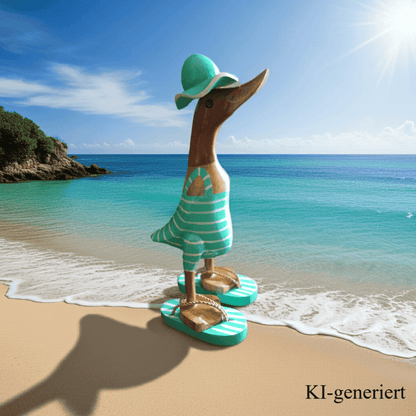 Bambusente als Strandente im türkisen Badeanzug mit weißen Streifen, Sonnenhut und Flip Flops - Höhe ca. 25 cm.
Wunderschöne Deko aus Bambuswurzel. Jedes Teil handgefertigt und ein Unikat. Ein Hingucker für Drinnen und Draußen.
Zudem stehen die Enten aus Bambus für Familie, Treue & Liebe und Holz für Wachstum. So macht es sie dadurch auch zu einem bedeutungsvollen Geschenk für einen lieben Menschen.