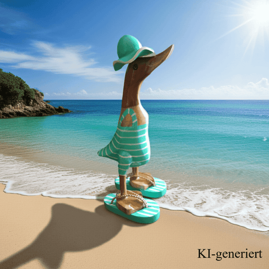 Bambusente als Strandente im türkisen Badeanzug mit weißen Streifen, Sonnenhut und Flip Flops - Höhe ca. 25 cm.
Wunderschöne Deko aus Bambuswurzel. Jedes Teil handgefertigt und ein Unikat. Ein Hingucker für Drinnen und Draußen.
Zudem stehen die Enten aus Bambus für Familie, Treue & Liebe und Holz für Wachstum. So macht es sie dadurch auch zu einem bedeutungsvollen Geschenk für einen lieben Menschen.