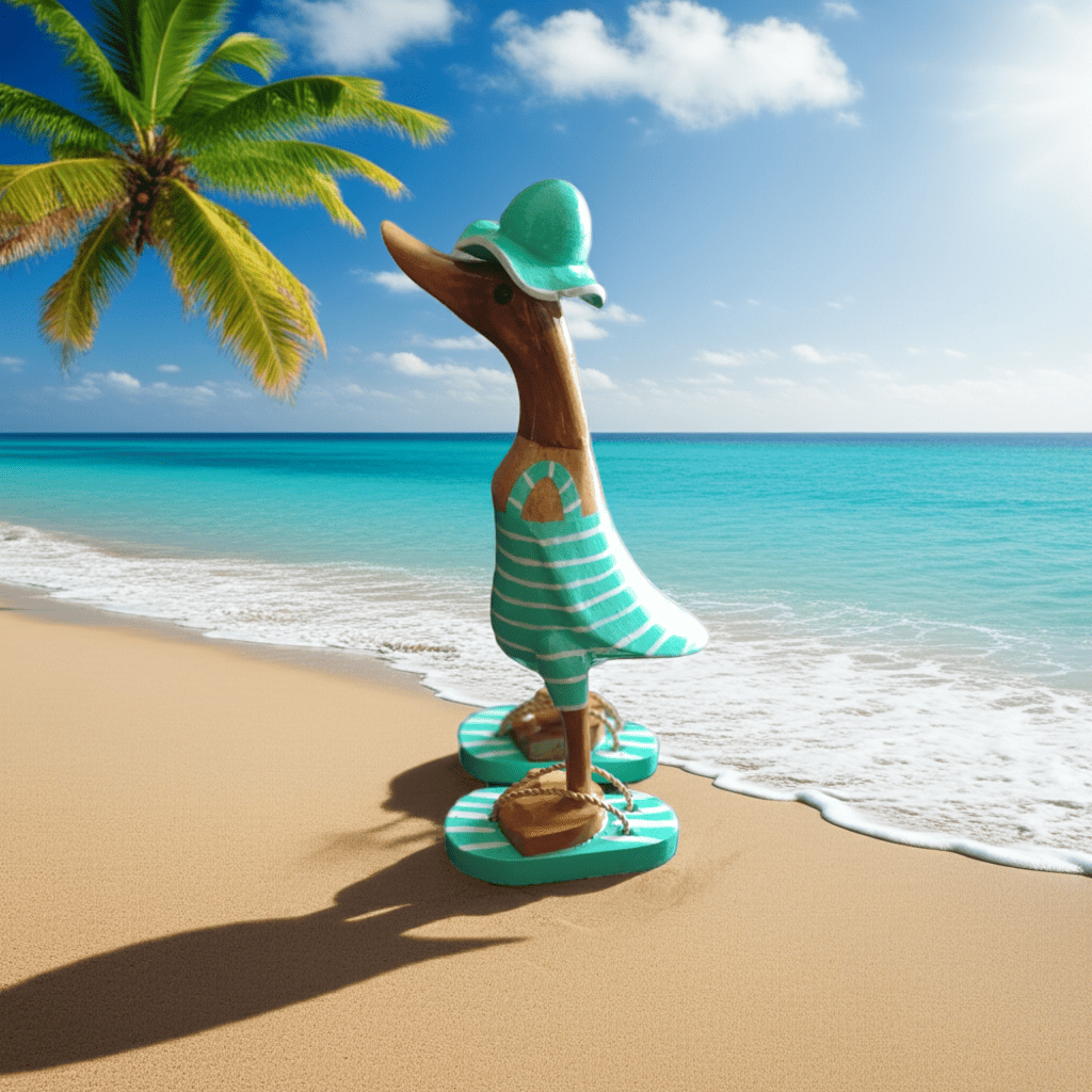 Strandente aus Bambus im türkisen Badeanzug mit weißen Streifen, Sonnenhut und Flip Flops - Höhe ca. 25 cm. Wunderschöne Deko aus Bambuswurzel. Jedes Teil handgefertigt und ein Unikat. Ein Hingucker für Drinnen und Draußen
