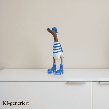 Bambusente mit Basecap und Turnschuhen - blau geringelt in einer Höhe von ca. 25 cm. 
Wunderschöne Deko aus Bambuswurzel. Jedes Teil handgefertigt und ein Unikat. Ein Hingucker für Drinnen und Draußen.
Zudem stehen die Enten aus Bambus für Familie, Treue & Liebe und Holz für Wachstum. So macht es sie dadurch auch zu einem bedeutungsvollen Geschenk für einen lieben Menschen.