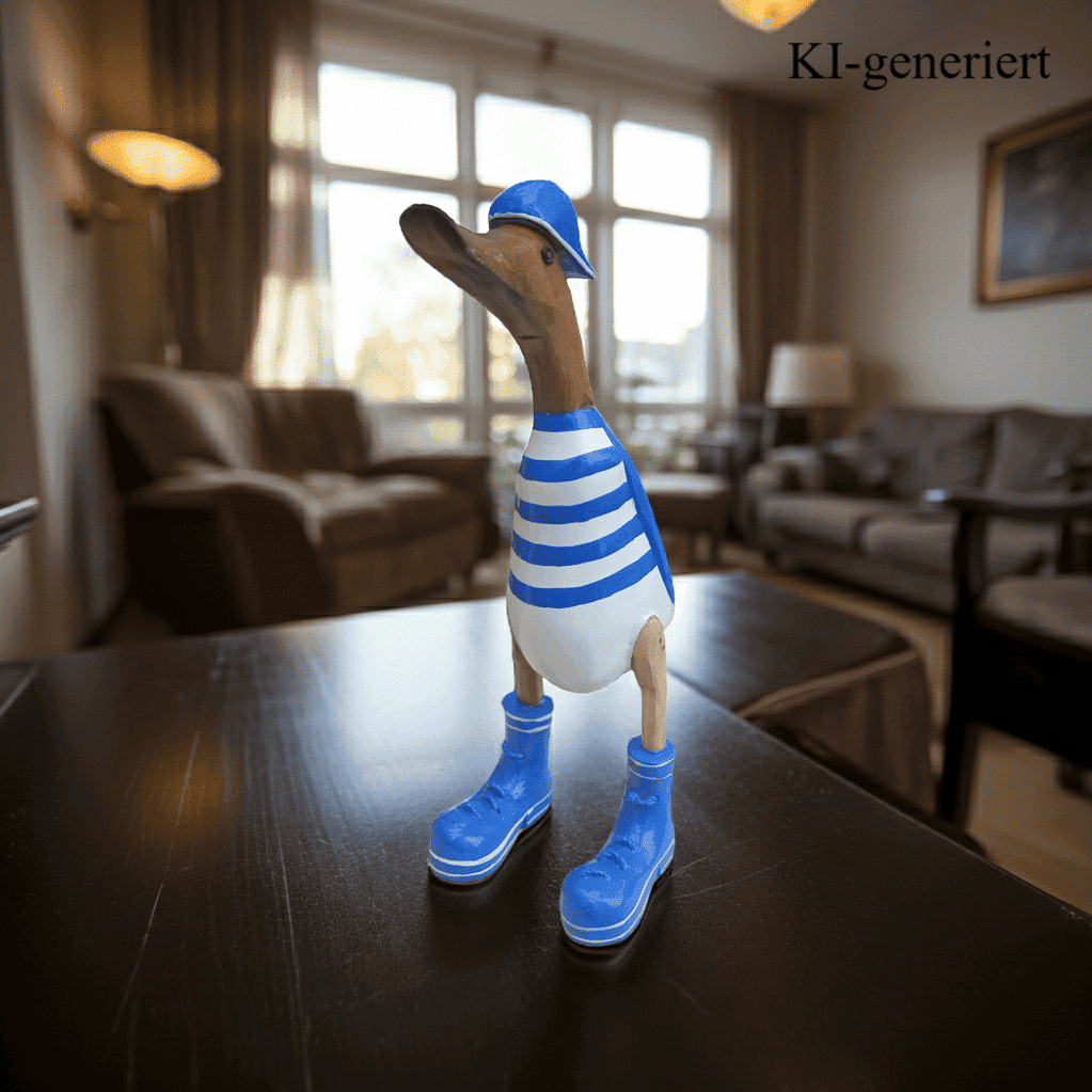 Bambusente mit Basecap und Turnschuhen - blau geringelt in einer Höhe von ca. 25 cm. 
Wunderschöne Deko aus Bambuswurzel. Jedes Teil handgefertigt und ein Unikat. Ein Hingucker für Drinnen und Draußen.
Zudem stehen die Enten aus Bambus für Familie, Treue & Liebe und Holz für Wachstum. So macht es sie dadurch auch zu einem bedeutungsvollen Geschenk für einen lieben Menschen.