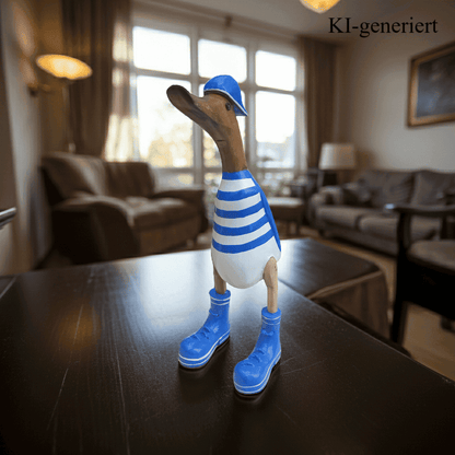 Bambusente mit Basecap und Turnschuhen - blau geringelt in einer Höhe von ca. 25 cm. 
Wunderschöne Deko aus Bambuswurzel. Jedes Teil handgefertigt und ein Unikat. Ein Hingucker für Drinnen und Draußen.
Zudem stehen die Enten aus Bambus für Familie, Treue & Liebe und Holz für Wachstum. So macht es sie dadurch auch zu einem bedeutungsvollen Geschenk für einen lieben Menschen.