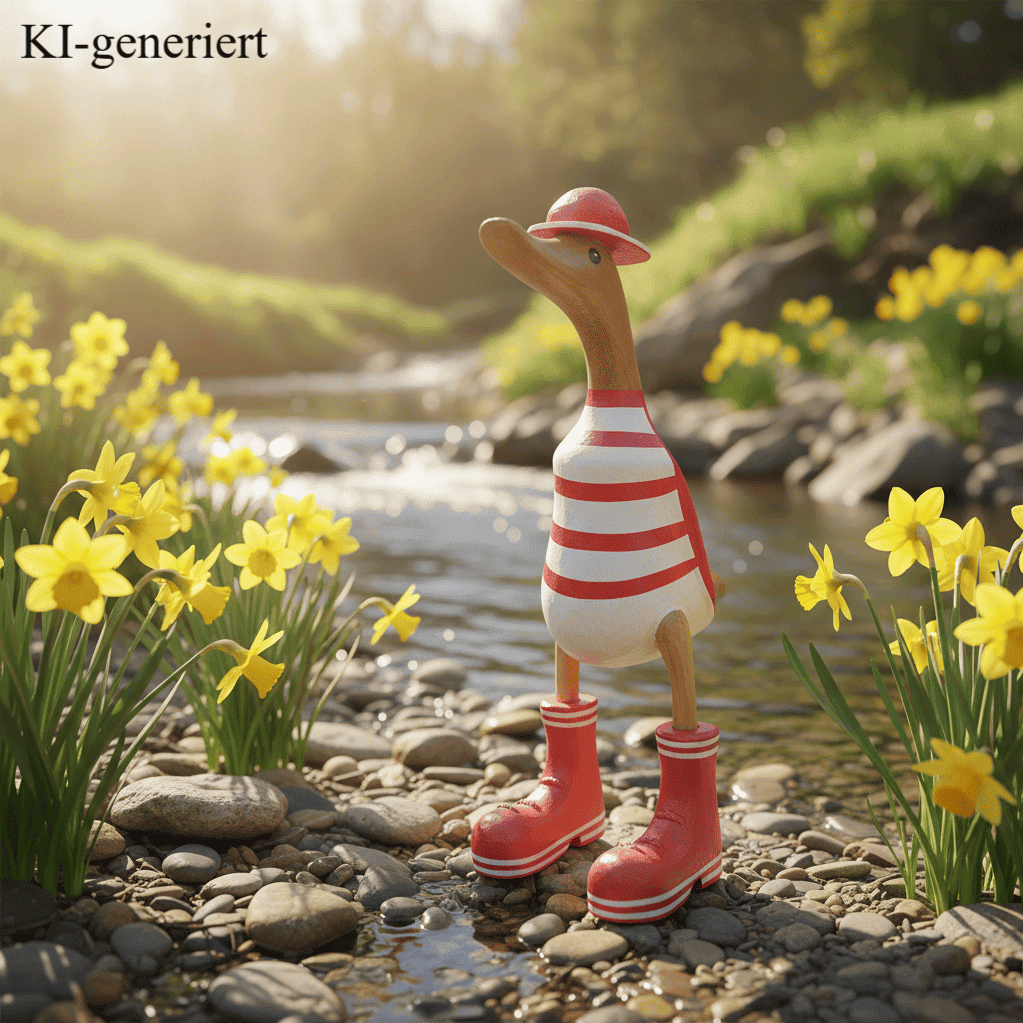 Ente aus Bambus mit Basecap und Turnschuhen - rot geringelt in einer Höhe von ca. 25 cm - Wunderschöne Deko aus Bambuswurzel. Jedes Teil handgefertigt und ein Unikat. Ein Hingucker für Drinnen und Draußen. 
Ente mit Basecap und Turnschuhen rot geringelt - Farbe: natur / rot / weiß - Material: Bambus - Maße: Höhe 25 cm - Ursprung: Indonesien - Das Bild ist KI-generiert