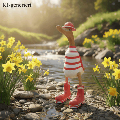 Ente aus Bambus mit Basecap und Turnschuhen - rot geringelt in einer Höhe von ca. 25 cm - Wunderschöne Deko aus Bambuswurzel. Jedes Teil handgefertigt und ein Unikat. Ein Hingucker für Drinnen und Draußen. 
Ente mit Basecap und Turnschuhen rot geringelt - Farbe: natur / rot / weiß - Material: Bambus - Maße: Höhe 25 cm - Ursprung: Indonesien - Das Bild ist KI-generiert