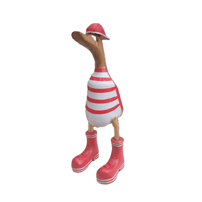 Ente aus Bambus mit Basecap und Turnschuhen - rot geringelt in einer Höhe von ca. 25 cm - Wunderschöne Deko aus Bambuswurzel. Jedes Teil handgefertigt und ein Unikat. Ein Hingucker für Drinnen und Draußen. 
Ente mit Basecap und Turnschuhen rot geringelt - Farbe: natur / rot / weiß - Material: Bambus - Maße: Höhe 25 cm - Ursprung: Indonesien