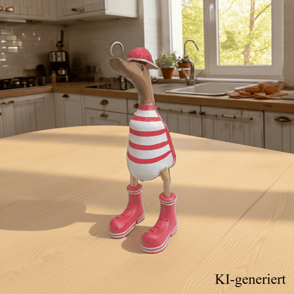 Ente aus Bambus mit Basecap und Turnschuhen - rot geringelt in einer Höhe von ca. 25 cm - Wunderschöne Deko aus Bambuswurzel. Jedes Teil handgefertigt und ein Unikat. Ein Hingucker für Drinnen und Draußen. 
Ente mit Basecap und Turnschuhen rot geringelt - Farbe: natur / rot / weiß - Material: Bambus - Maße: Höhe 25 cm - Ursprung: Indonesien - Das Bild ist KI-generiert