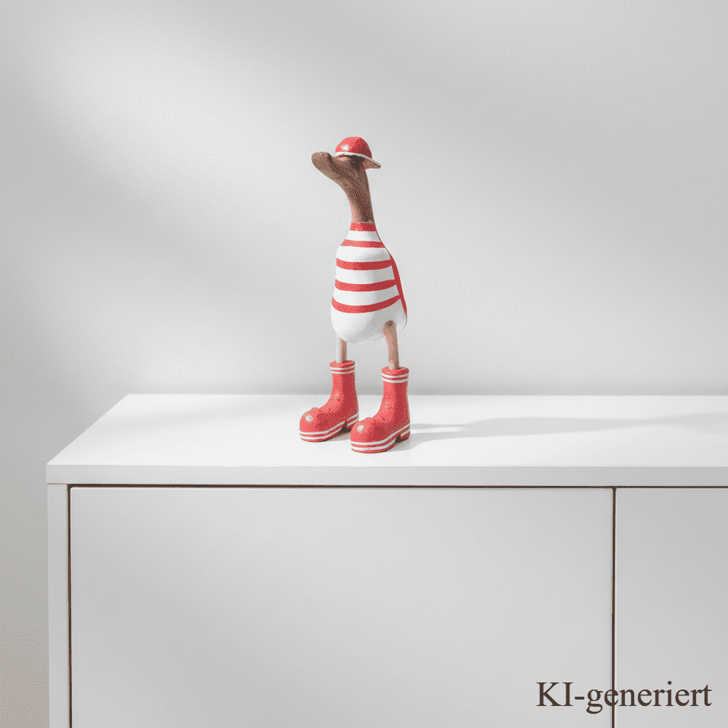 Ente aus Bambus mit Basecap und Turnschuhen - rot geringelt in einer Höhe von ca. 25 cm - Wunderschöne Deko aus Bambuswurzel. Jedes Teil handgefertigt und ein Unikat. Ein Hingucker für Drinnen und Draußen. 
Ente mit Basecap und Turnschuhen rot geringelt - Farbe: natur / rot / weiß - Material: Bambus - Maße: Höhe 25 cm - Ursprung: Indonesien - Das Bild ist KI-generiert