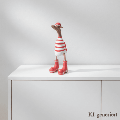 Ente aus Bambus mit Basecap und Turnschuhen - rot geringelt in einer Höhe von ca. 25 cm - Wunderschöne Deko aus Bambuswurzel. Jedes Teil handgefertigt und ein Unikat. Ein Hingucker für Drinnen und Draußen. 
Ente mit Basecap und Turnschuhen rot geringelt - Farbe: natur / rot / weiß - Material: Bambus - Maße: Höhe 25 cm - Ursprung: Indonesien - Das Bild ist KI-generiert