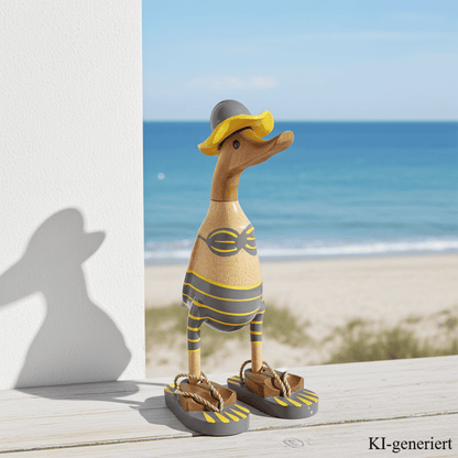 Bambusente im grauen Bikini mit gelben Streifen, Sonnenhut und Flip Flops - Höhe ca. 25 cm. Wunderschöne Deko aus Bambuswurzel. Jedes Teil handgefertigt und ein Unikat. Ein Hingucker für Drinnen und Draußen. 
Zudem stehen die Enten aus Bambus für Familie, Treue & Liebe und Holz für Wachstum. So macht es sie dadurch auch zu einem bedeutungsvollen Geschenk für einen lieben Menschen.