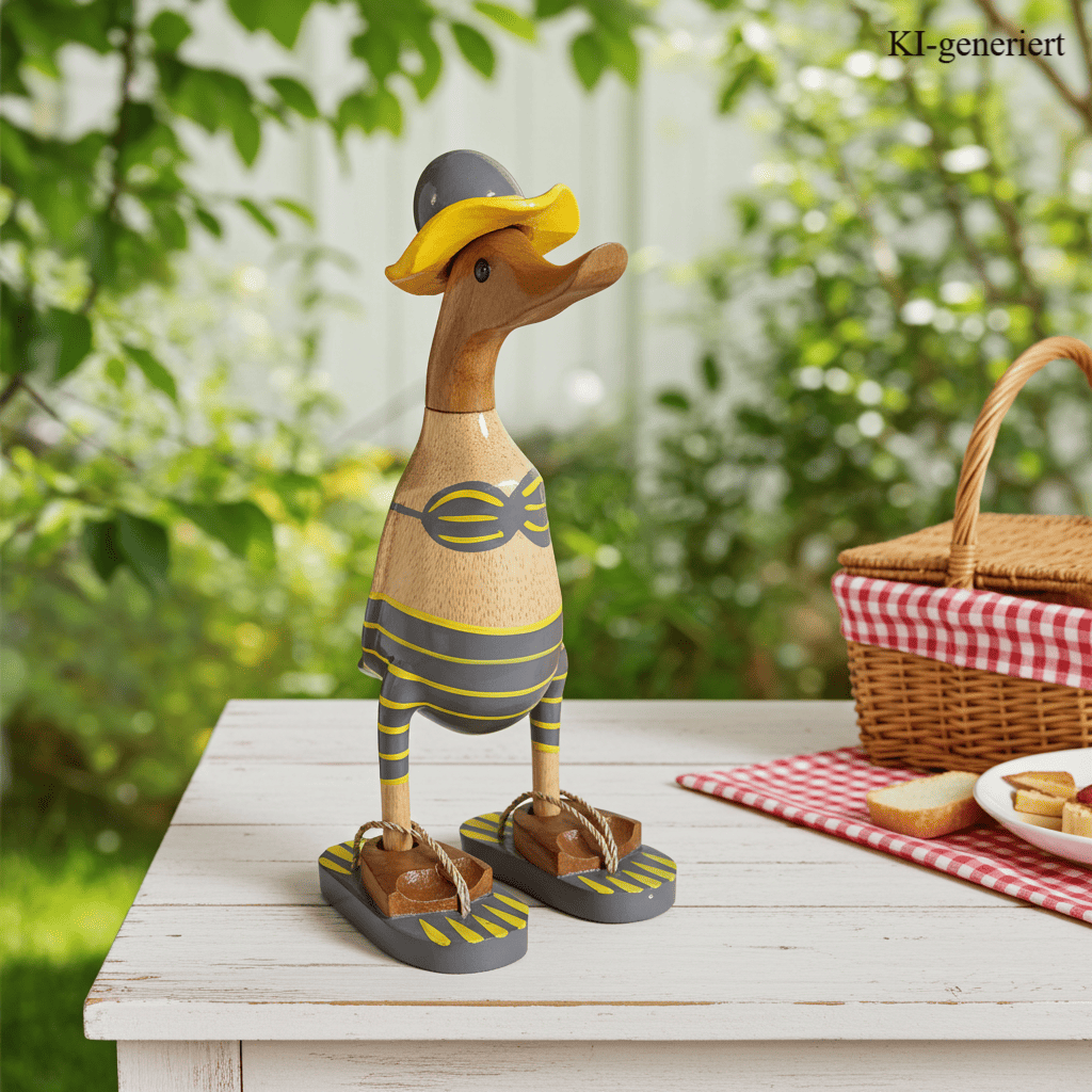 Bambusente im grauen Bikini mit gelben Streifen, Sonnenhut und Flip Flops - Höhe ca. 25 cm. Wunderschöne Deko aus Bambuswurzel. Jedes Teil handgefertigt und ein Unikat. Ein Hingucker für Drinnen und Draußen. 
Zudem stehen die Enten aus Bambus für Familie, Treue & Liebe und Holz für Wachstum. So macht es sie dadurch auch zu einem bedeutungsvollen Geschenk für einen lieben Menschen.