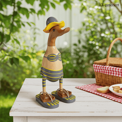 Bambusente im grauen Bikini mit gelben Streifen, Sonnenhut und Flip Flops - Höhe ca. 25 cm. Wunderschöne Deko aus Bambuswurzel. Jedes Teil handgefertigt und ein Unikat. Ein Hingucker für Drinnen und Draußen. 
Zudem stehen die Enten aus Bambus für Familie, Treue & Liebe und Holz für Wachstum. So macht es sie dadurch auch zu einem bedeutungsvollen Geschenk für einen lieben Menschen.