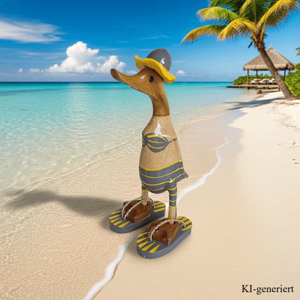 Bambusente im grauen Bikini mit gelben Streifen, Sonnenhut und Flip Flops - Höhe ca. 25 cm. Wunderschöne Deko aus Bambuswurzel. Jedes Teil handgefertigt und ein Unikat. Ein Hingucker für Drinnen und Draußen. 
Zudem stehen die Enten aus Bambus für Familie, Treue & Liebe und Holz für Wachstum. So macht es sie dadurch auch zu einem bedeutungsvollen Geschenk für einen lieben Menschen.