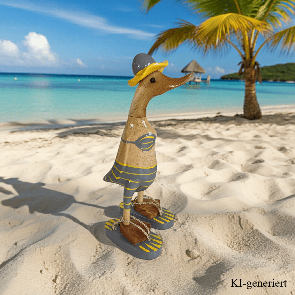 Bambusente im grauen Bikini mit gelben Streifen, Sonnenhut und Flip Flops - Höhe ca. 25 cm. Wunderschöne Deko aus Bambuswurzel. Jedes Teil handgefertigt und ein Unikat. Ein Hingucker für Drinnen und Draußen. 
Zudem stehen die Enten aus Bambus für Familie, Treue & Liebe und Holz für Wachstum. So macht es sie dadurch auch zu einem bedeutungsvollen Geschenk für einen lieben Menschen.