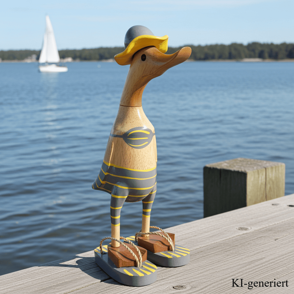 Bambusente im grauen Bikini mit gelben Streifen, Sonnenhut und Flip Flops - Höhe ca. 25 cm. Wunderschöne Deko aus Bambuswurzel. Jedes Teil handgefertigt und ein Unikat. Ein Hingucker für Drinnen und Draußen. 
Zudem stehen die Enten aus Bambus für Familie, Treue & Liebe und Holz für Wachstum. So macht es sie dadurch auch zu einem bedeutungsvollen Geschenk für einen lieben Menschen.