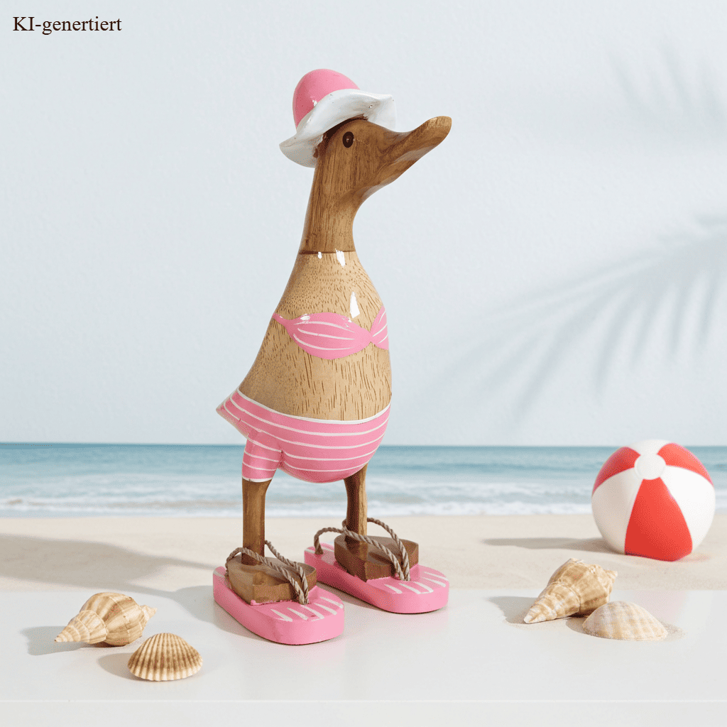 Bambusente als Strandente im rosa Bikini mit weißen Streifen, Sonnenhut und Flip Flops - Höhe ca. 25 cm.
Wunderschöne Deko aus Bambuswurzel. Jedes Teil handgefertigt und ein Unikat. Ein Hingucker für Drinnen und Draußen. Zudem stehen die Enten aus Bambus für Familie, Treue & Liebe und Holz für Wachstum. So macht es sie dadurch auch zu einem bedeutungsvollen Geschenk für einen lieben Menschen.