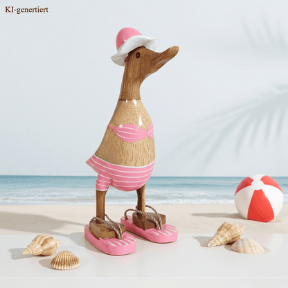 Bambusente als Strandente im rosa Bikini mit weißen Streifen, Sonnenhut und Flip Flops - Höhe ca. 25 cm.
Wunderschöne Deko aus Bambuswurzel. Jedes Teil handgefertigt und ein Unikat. Ein Hingucker für Drinnen und Draußen. Zudem stehen die Enten aus Bambus für Familie, Treue & Liebe und Holz für Wachstum. So macht es sie dadurch auch zu einem bedeutungsvollen Geschenk für einen lieben Menschen.
