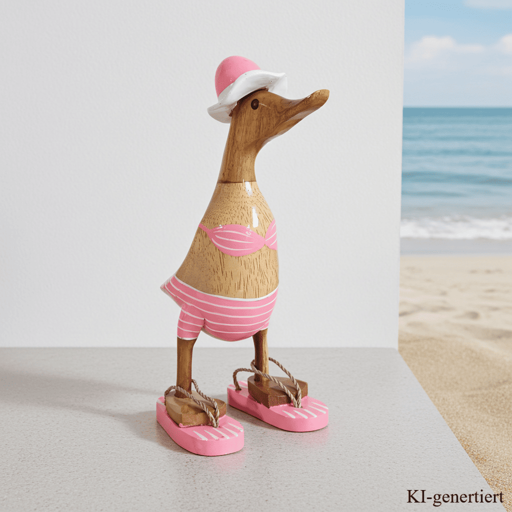 Bambusente als Strandente im rosa Bikini mit weißen Streifen, Sonnenhut und Flip Flops - Höhe ca. 25 cm.
Wunderschöne Deko aus Bambuswurzel. Jedes Teil handgefertigt und ein Unikat. Ein Hingucker für Drinnen und Draußen. Zudem stehen die Enten aus Bambus für Familie, Treue & Liebe und Holz für Wachstum. So macht es sie dadurch auch zu einem bedeutungsvollen Geschenk für einen lieben Menschen.