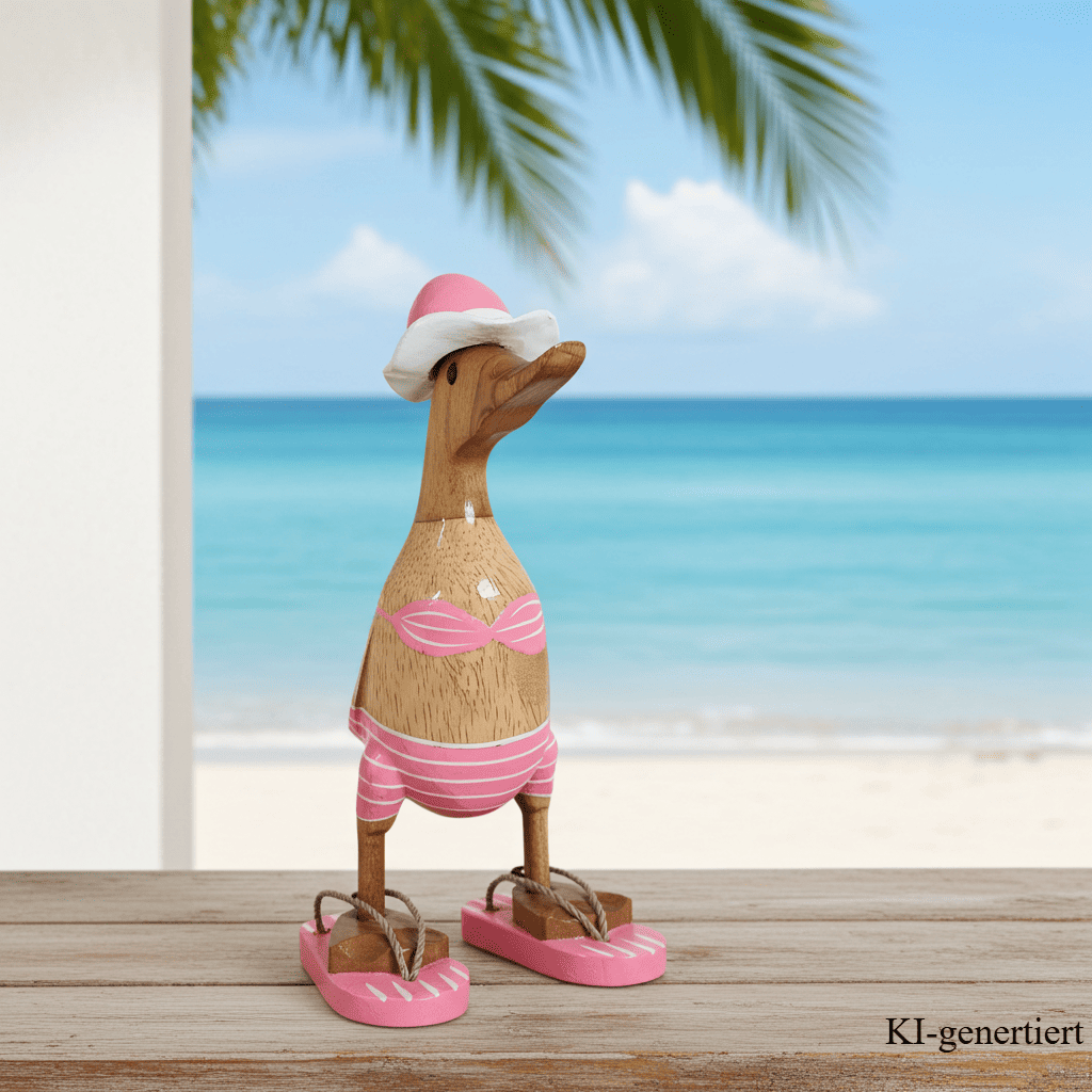 Bambusente als Strandente im rosa Bikini mit weißen Streifen, Sonnenhut und Flip Flops - Höhe ca. 25 cm.
Wunderschöne Deko aus Bambuswurzel. Jedes Teil handgefertigt und ein Unikat. Ein Hingucker für Drinnen und Draußen. Zudem stehen die Enten aus Bambus für Familie, Treue & Liebe und Holz für Wachstum. So macht es sie dadurch auch zu einem bedeutungsvollen Geschenk für einen lieben Menschen.