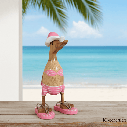 Bambusente als Strandente im rosa Bikini mit weißen Streifen, Sonnenhut und Flip Flops - Höhe ca. 25 cm.
Wunderschöne Deko aus Bambuswurzel. Jedes Teil handgefertigt und ein Unikat. Ein Hingucker für Drinnen und Draußen. Zudem stehen die Enten aus Bambus für Familie, Treue & Liebe und Holz für Wachstum. So macht es sie dadurch auch zu einem bedeutungsvollen Geschenk für einen lieben Menschen.