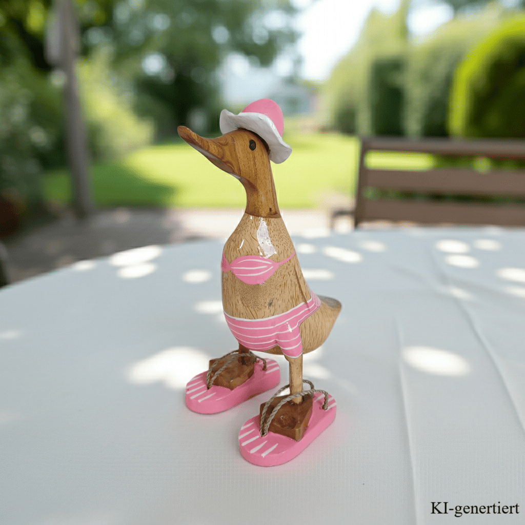 Bambusente als Strandente im rosa Bikini mit weißen Streifen, Sonnenhut und Flip Flops - Höhe ca. 25 cm.
Wunderschöne Deko aus Bambuswurzel. Jedes Teil handgefertigt und ein Unikat. Ein Hingucker für Drinnen und Draußen. Zudem stehen die Enten aus Bambus für Familie, Treue & Liebe und Holz für Wachstum. So macht es sie dadurch auch zu einem bedeutungsvollen Geschenk für einen lieben Menschen.