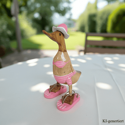 Bambusente als Strandente im rosa Bikini mit weißen Streifen, Sonnenhut und Flip Flops - Höhe ca. 25 cm.
Wunderschöne Deko aus Bambuswurzel. Jedes Teil handgefertigt und ein Unikat. Ein Hingucker für Drinnen und Draußen. Zudem stehen die Enten aus Bambus für Familie, Treue & Liebe und Holz für Wachstum. So macht es sie dadurch auch zu einem bedeutungsvollen Geschenk für einen lieben Menschen.
