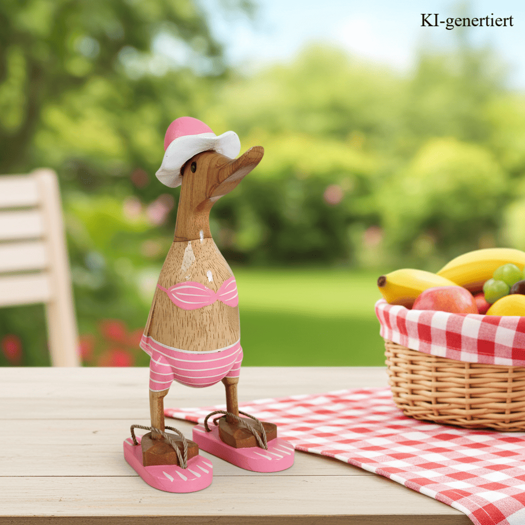 Bambusente als Strandente im rosa Bikini mit weißen Streifen, Sonnenhut und Flip Flops - Höhe ca. 25 cm.
Wunderschöne Deko aus Bambuswurzel. Jedes Teil handgefertigt und ein Unikat. Ein Hingucker für Drinnen und Draußen. Zudem stehen die Enten aus Bambus für Familie, Treue & Liebe und Holz für Wachstum. So macht es sie dadurch auch zu einem bedeutungsvollen Geschenk für einen lieben Menschen.