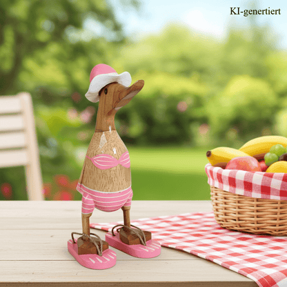 Bambusente als Strandente im rosa Bikini mit weißen Streifen, Sonnenhut und Flip Flops - Höhe ca. 25 cm.
Wunderschöne Deko aus Bambuswurzel. Jedes Teil handgefertigt und ein Unikat. Ein Hingucker für Drinnen und Draußen. Zudem stehen die Enten aus Bambus für Familie, Treue & Liebe und Holz für Wachstum. So macht es sie dadurch auch zu einem bedeutungsvollen Geschenk für einen lieben Menschen.
