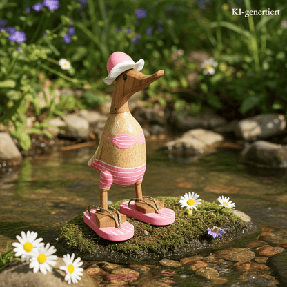 Bambusente als Strandente im rosa Bikini mit weißen Streifen, Sonnenhut und Flip Flops - Höhe ca. 25 cm.
Wunderschöne Deko aus Bambuswurzel. Jedes Teil handgefertigt und ein Unikat. Ein Hingucker für Drinnen und Draußen. Zudem stehen die Enten aus Bambus für Familie, Treue & Liebe und Holz für Wachstum. So macht es sie dadurch auch zu einem bedeutungsvollen Geschenk für einen lieben Menschen.