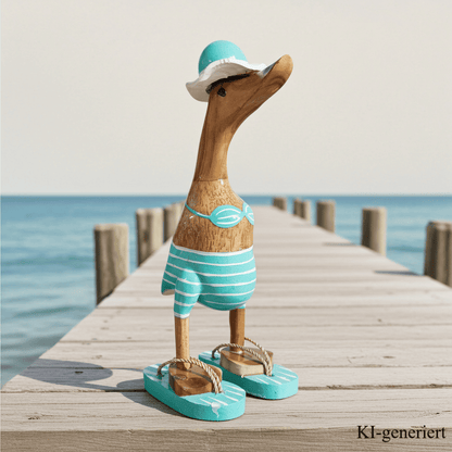 Strandente aus Bambus im türkisen Bikini mit weißen Streifen, Sonnenhut und Flip Flops - Höhe ca. 25 cm.
Wunderschöne Deko aus Bambuswurzel. Jedes Teil handgefertigt und ein Unikat. Ein Hingucker für Drinnen und Draußen
Zudem stehen die Enten aus Bambus für Familie, Treue & Liebe und Holz für Wachstum. So macht es sie dadurch auch zu einem bedeutungsvollen Geschenk für einen lieben Menschen.
