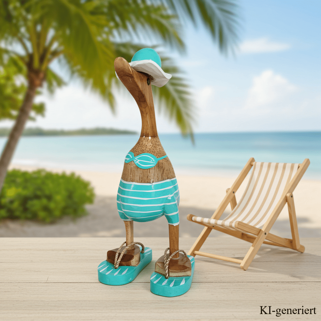 Strandente aus Bambus im türkisen Bikini mit weißen Streifen, Sonnenhut und Flip Flops - Höhe ca. 25 cm.
Wunderschöne Deko aus Bambuswurzel. Jedes Teil handgefertigt und ein Unikat. Ein Hingucker für Drinnen und Draußen
Zudem stehen die Enten aus Bambus für Familie, Treue & Liebe und Holz für Wachstum. So macht es sie dadurch auch zu einem bedeutungsvollen Geschenk für einen lieben Menschen.