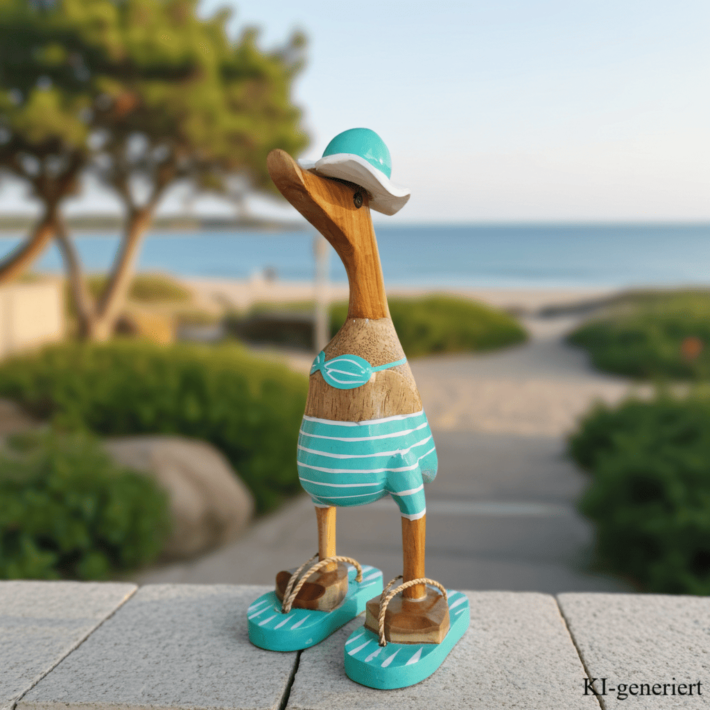 Strandente aus Bambus im türkisen Bikini mit weißen Streifen, Sonnenhut und Flip Flops - Höhe ca. 25 cm.
Wunderschöne Deko aus Bambuswurzel. Jedes Teil handgefertigt und ein Unikat. Ein Hingucker für Drinnen und Draußen
Zudem stehen die Enten aus Bambus für Familie, Treue & Liebe und Holz für Wachstum. So macht es sie dadurch auch zu einem bedeutungsvollen Geschenk für einen lieben Menschen.