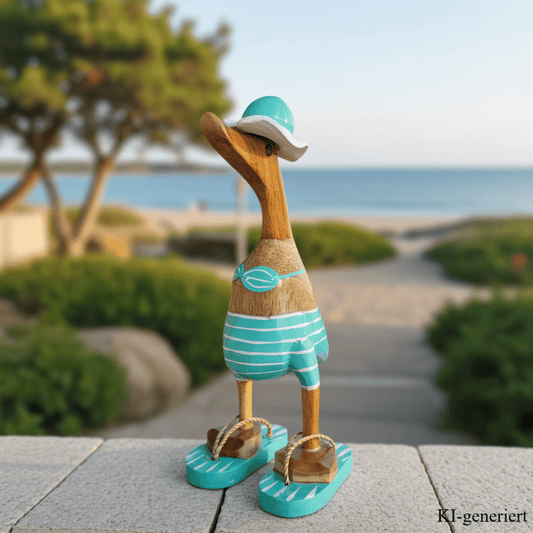 Strandente aus Bambus im türkisen Bikini mit weißen Streifen, Sonnenhut und Flip Flops - Höhe ca. 25 cm.
Wunderschöne Deko aus Bambuswurzel. Jedes Teil handgefertigt und ein Unikat. Ein Hingucker für Drinnen und Draußen
Zudem stehen die Enten aus Bambus für Familie, Treue & Liebe und Holz für Wachstum. So macht es sie dadurch auch zu einem bedeutungsvollen Geschenk für einen lieben Menschen.