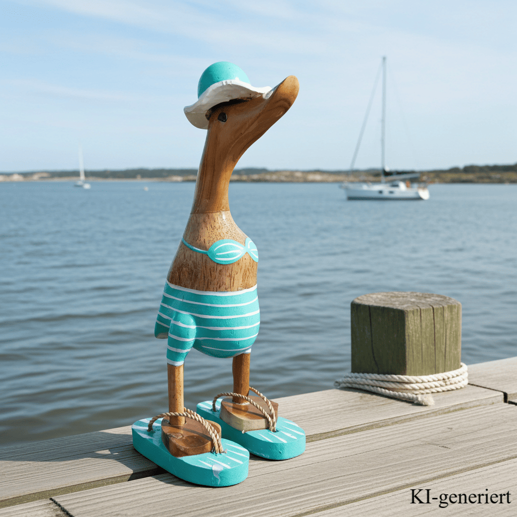 Strandente aus Bambus im türkisen Bikini mit weißen Streifen, Sonnenhut und Flip Flops - Höhe ca. 25 cm.
Wunderschöne Deko aus Bambuswurzel. Jedes Teil handgefertigt und ein Unikat. Ein Hingucker für Drinnen und Draußen
Zudem stehen die Enten aus Bambus für Familie, Treue & Liebe und Holz für Wachstum. So macht es sie dadurch auch zu einem bedeutungsvollen Geschenk für einen lieben Menschen.