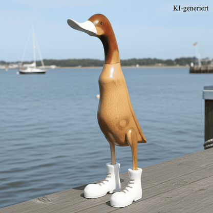 Bambus Dekoente mit weißen Stiefeln, weißem Schnabel und einer Höhe von ca 40 cm. Jedes Teil handgefertigt und ein Unikat. Ein Deko Hingucker für Drinnen und Draußen. Zudem stehen die Enten aus Bambus für Familie, Treue & Liebe und Holz für Wachstum. So macht es sie dadurch auch zu einem bedeutungsvollen Geschenk für einen lieben Menschen.
Ente mit Stiefeln / weiß
Farbe: natur / weiß
Material: Bambus, Holz
Maße: Höhe ca 40 cm
Ursprung: Indonesien