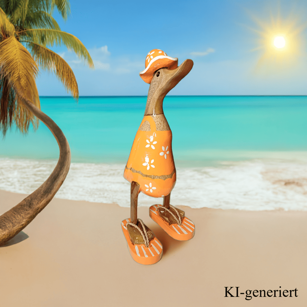 Ente aus Bambus im orangen Blümchen Kleid, mit Flip Flops und Sonnenhut - Höhe ca. 25 cm. Wunderschöne Deko aus Bambuswurzel. Jedes Teil handgefertigt und ein Unikat. Ein Hingucker für Drinnen und Draußen. Das Bild ist KI-generiert
